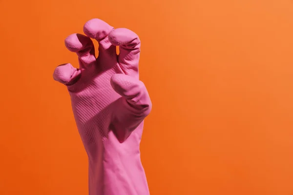 Vrouwenhand Rubberen Handschoen Gebaren Woede Geïsoleerd Achtergrond — Stockfoto