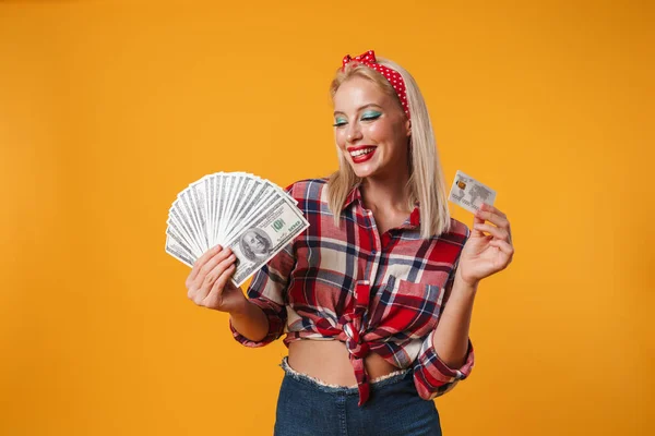 Image Cheerful Blonde Pinup Girl Posing Dollars Credit Card Isolated — Stock Photo, Image