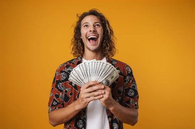 Sarı arka planda izole edilmiş dolarlarla poz veren heyecanlı genç bir adam.