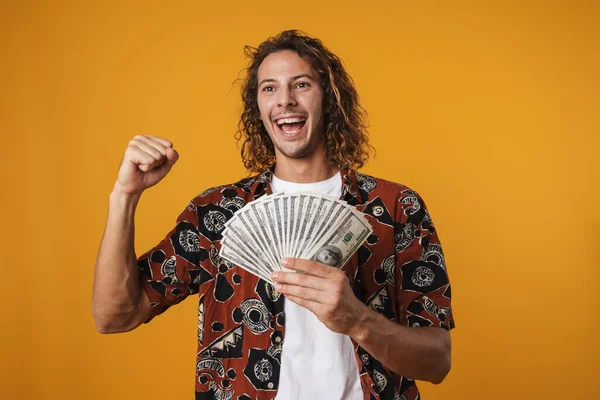 Image Excited Handsome Man Posing Dollars Making Winner Gesture Isolated — Stock fotografie