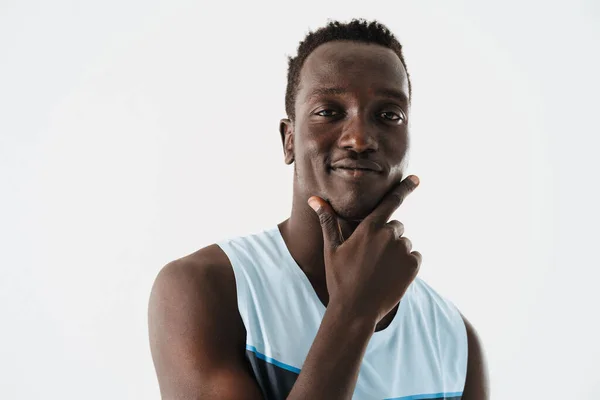 Deportista Americano Africano Atlético Agradable Sonriendo Mirando Cámara Aislada Sobre —  Fotos de Stock