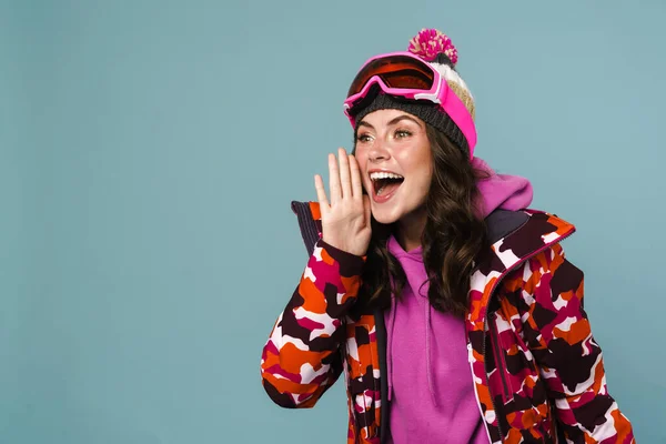 Feliz Animado Jovem Mulher Vestindo Snowboard Engrenagem Isolado Sobre Fundo — Fotografia de Stock