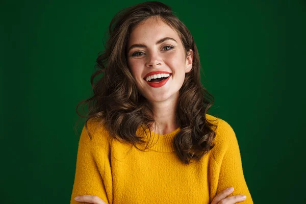 Beautiful Happy Brunette Girl Smiling Looking Camera Isolated Green Background — Stock Photo, Image