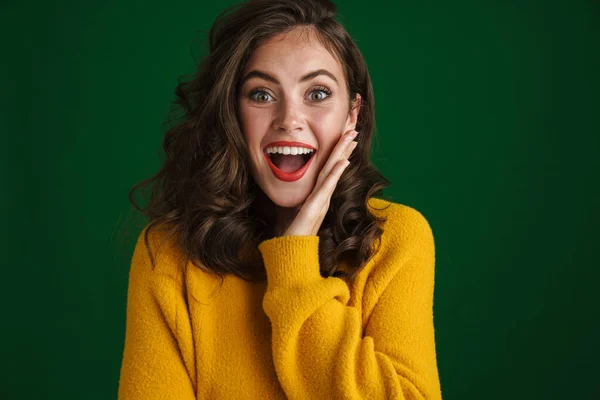 Beautiful Excited Brunette Girl Smiling Looking Camera Isolated Green Background — Stock Photo, Image