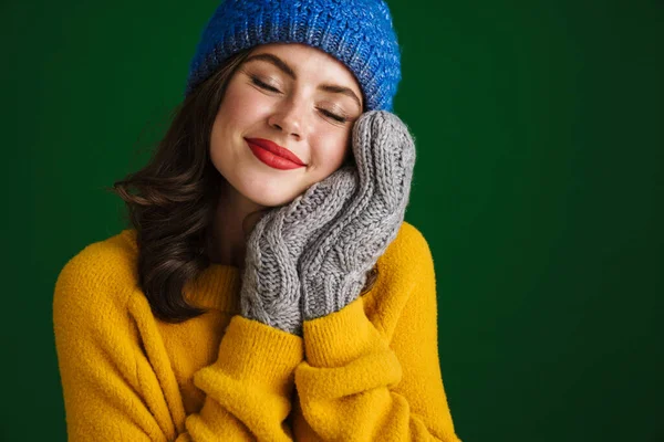 Beautiful Happy Girl Knit Hat Mittens Smiling Camera Isolated Green — Stock Photo, Image