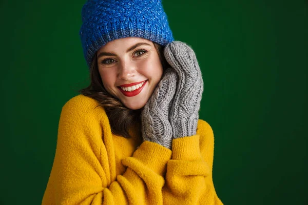 Beautiful Happy Girl Knit Hat Mittens Smiling Camera Isolated Green — ストック写真