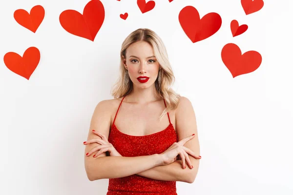 Image Young Blonde Woman Red Dress Red Lipstick Posing Isolated — Stock Photo, Image