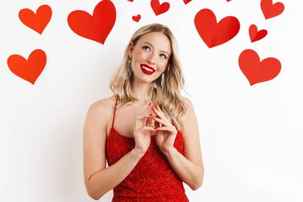 Image Young Blonde Cheery Dreaming Woman Red Dress Red Lipstick — Stock Photo, Image