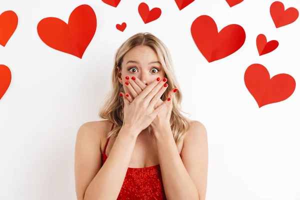 Image Young Blonde Shocked Surprised Woman Red Dress Covering Mouth — Stock Photo, Image