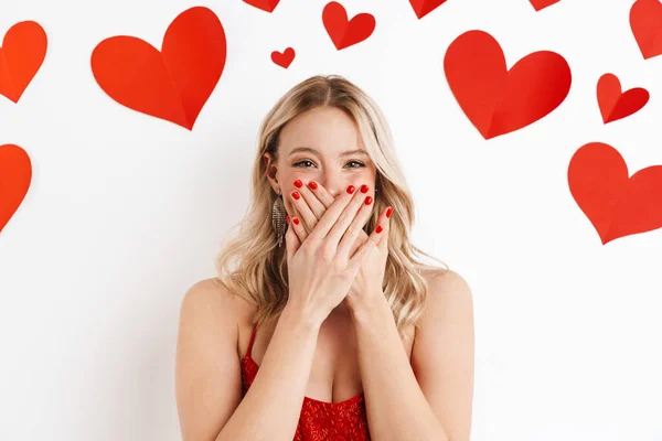 Image Young Blonde Happy Woman Red Dress Covering Mouth Isolated — Stock Photo, Image