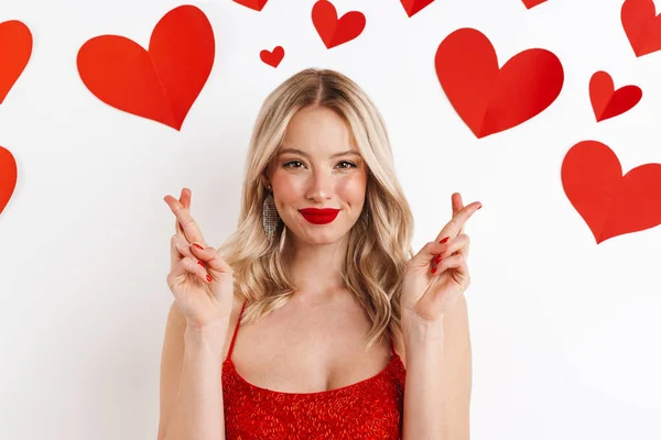Image Young Blonde Hopeful Woman Red Dress Red Lipstick Showing — Stock Photo, Image