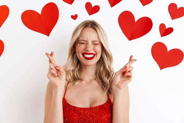 Image Young Excited Hopeful Woman Red Dress Red Lipstick Showing — Stock Photo, Image