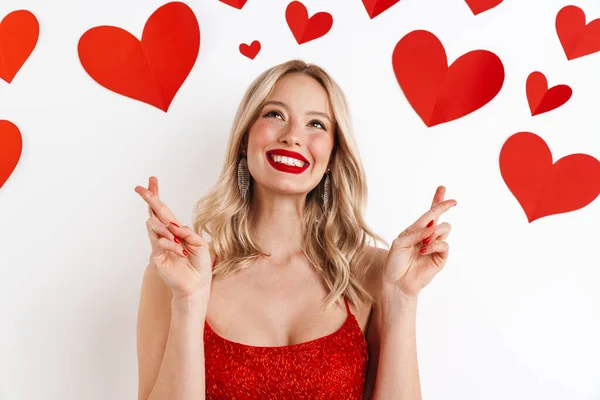 Photo Young Blonde Dreaming Woman Red Dress Red Lipstick Showing — Stock Photo, Image