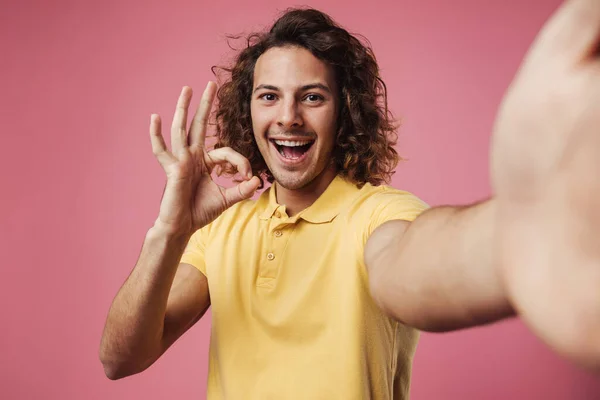 Handsome Happy Young Man Taking Selfie Pink Background Gesture — Stock fotografie