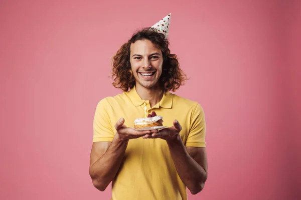 Cheerful Handsome Guy Party Cone Posing Birthday Cake Isolated Pink — Stock Photo, Image