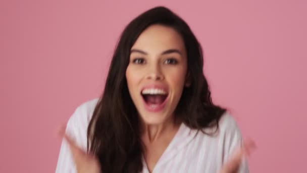 Cheerful Young Woman Rejoicing Standing Isolated Pink Background Studio — Stock Video