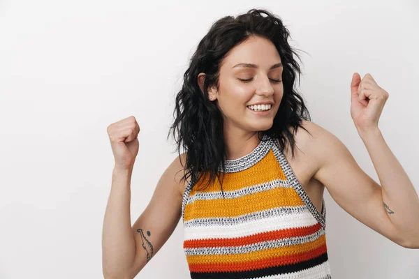 Bastante Joven Feliz Mujer Positiva Aislado Sobre Fondo Blanco Pared —  Fotos de Stock