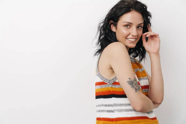 Muito Jovem Alegre Positivo Mulher Isolada Sobre Fundo Parede Branca — Fotografia de Stock