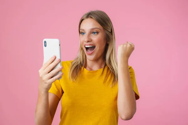 Excited Girl Making Winner Gesture While Taking Selfie Cellphone Isolated — Stock Photo, Image