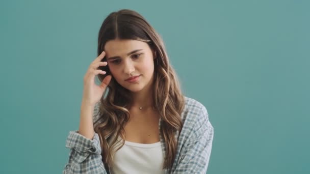 Displeased Woman Doing Face Palm Gesture Standing Isolated Blue Background — Stock Video