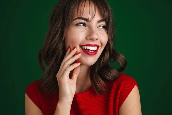 Close Beautiful Smiling Young Woman Wearing Red Dress Isolated Green — Fotografia de Stock