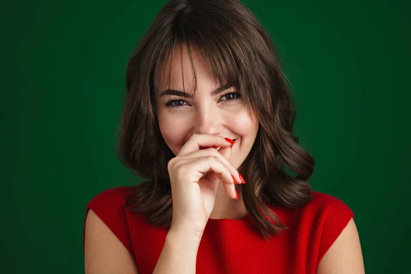 Close Beautiful Smiling Young Woman Wearing Red Dress Isolated Green — Φωτογραφία Αρχείου