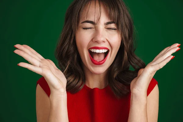 Close Beautiful Smiling Young Woman Wearing Red Dress Isolated Green — 스톡 사진