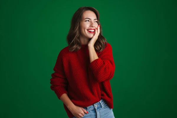 Hermosa Chica Morena Feliz Riendo Mirando Lado Aislado Sobre Fondo —  Fotos de Stock