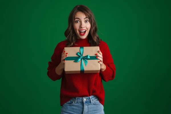 Beautiful Excited Nice Girl Posing Christmas Gift Isolated Green Background — Fotografia de Stock