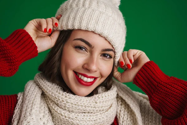 Beautiful Happy Girl Knit Hat Scarf Smiling Camera Isolated Green — Fotografia de Stock