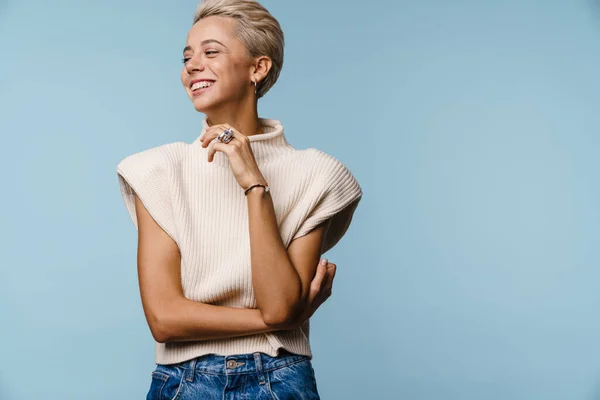 Menina Loira Bonita Feliz Sorrindo Olhando Para Lado Isolado Sobre — Fotografia de Stock