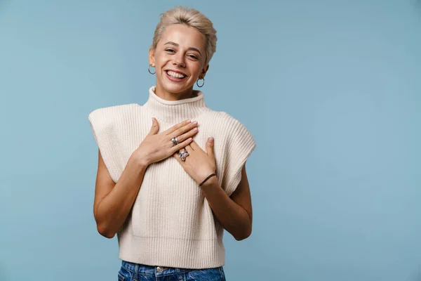 Cheerful Beautiful Girl Smiling Holding Hands Her Chest Isolated Blue — ストック写真