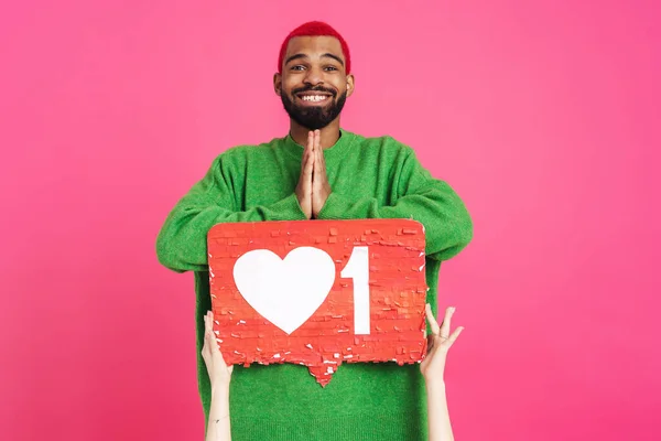 Joyful African American Guy Holding Palms Together While Posing Placard — Stock Photo, Image