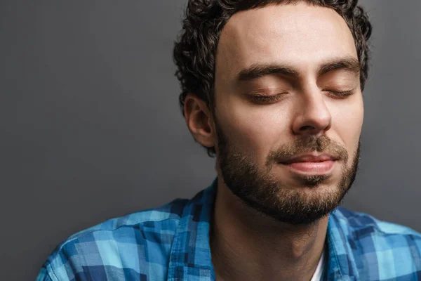 Unshaven Handsome Calm Guy Posing Eyes Closed Isolated Grey Background — Stock Photo, Image