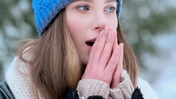 Close View Pleased Young Woman Wearing Blue Winter Hat Feeling — Stock Video