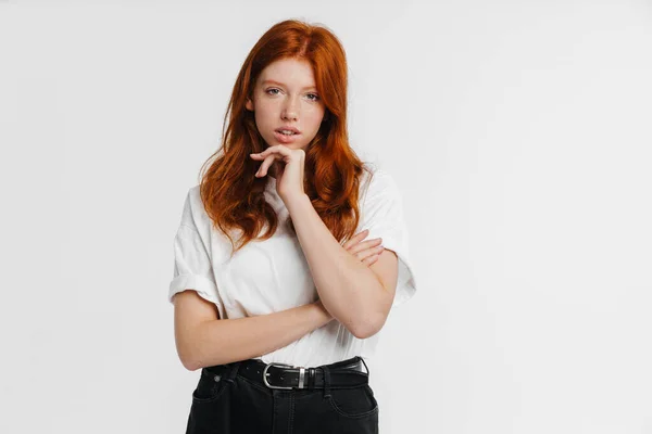 Ginger Beautiful Nice Girl Posing Looking Camera Isolated White Background — Stock Photo, Image