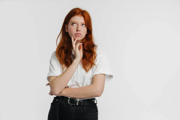 Ginger Beautiful Serious Girl Thinking Looking Upward Isolated White Background — Stock Photo, Image