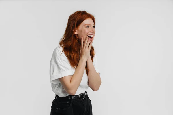 Ginger Beautiful Excited Girl Expressing Surprise Isolated White Background — Stock Photo, Image