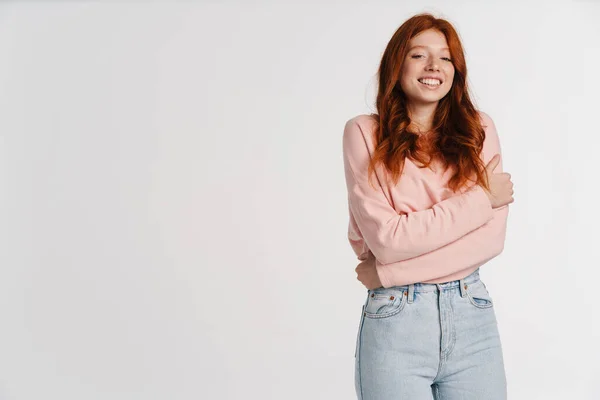 Ginger Beautiful Joyful Girl Smiling Looking Camera Isolated White Background — Stock Photo, Image