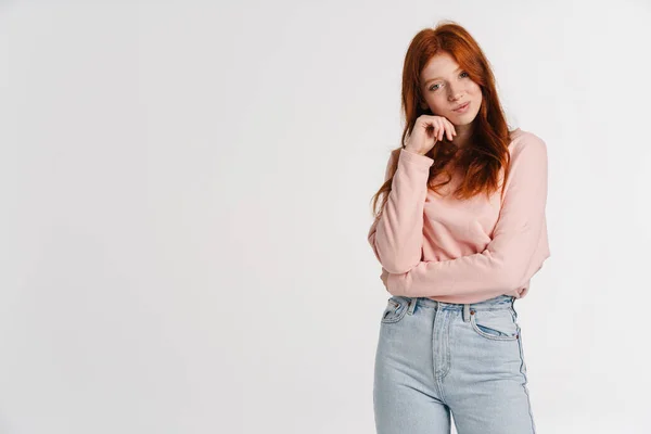 Ginger Beautiful Pleased Girl Posing Looking Camera Isolated White Background — Stock Photo, Image