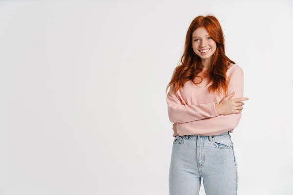 Ginger Charming Happy Girl Smiling Looking Camera Isolated White Background — Stock Photo, Image