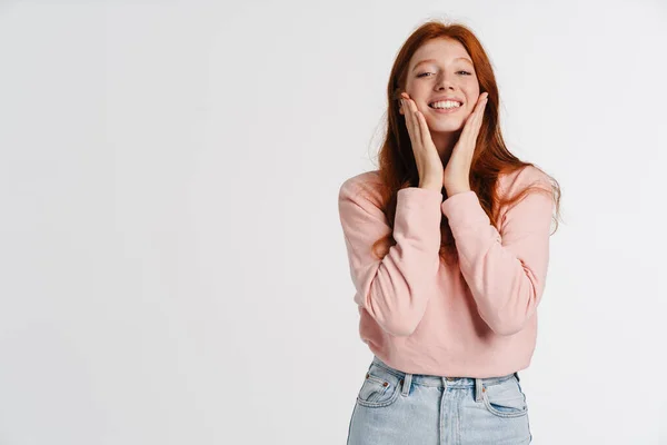 Ginger Charming Happy Girl Smiling Looking Camera Isolated White Background — Stock Photo, Image