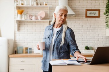 Üst düzey kadın mutfakta dizüstü bilgisayarıyla çalışıyor.