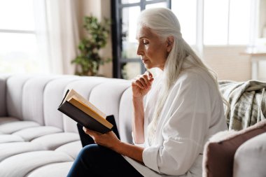 Oturma odasında oturmuş kitap okuyan kıdemli bir kadın.