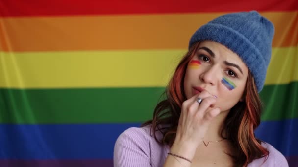 Attractive Young Woman Showing Silence Gesture Standing Isolated Rainbow Flag — Stock Video