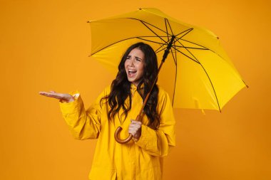 Sarı arka planda, şeffaf şemsiyenin altında duran hoşnutsuz güzel kız.
