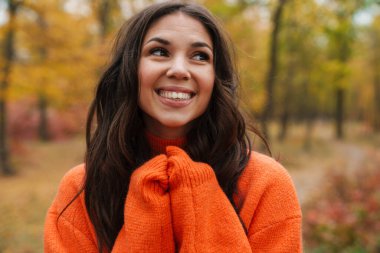 Güzel esmer, mutlu kadın gülerek sonbahar ormanlarında geziniyor.