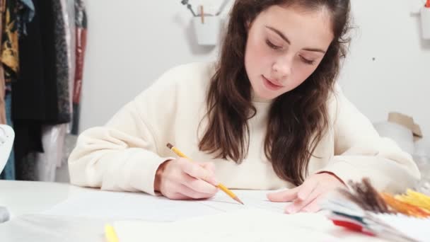 Beautiful Young Woman Seamstress Drawing Schema Working Design Studio — Stock Video