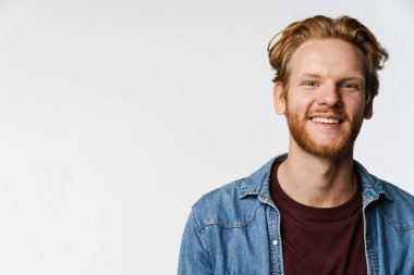 Portrait of happy smiling man isolated on white background, looking at camera