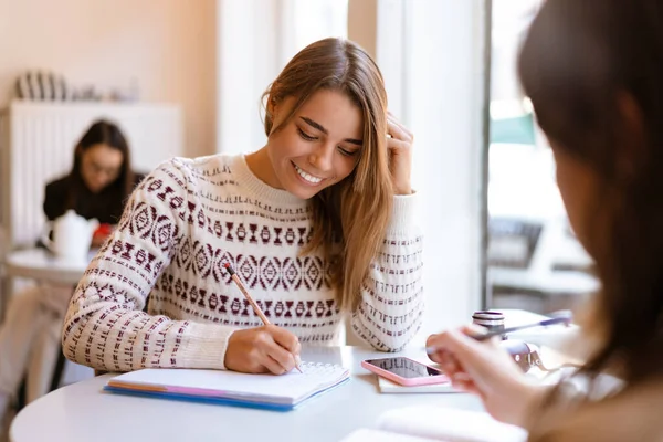 Glad Charmiga Två Studenter Flickor Gör Läxor Tillsammans Medan Sitter — Stockfoto